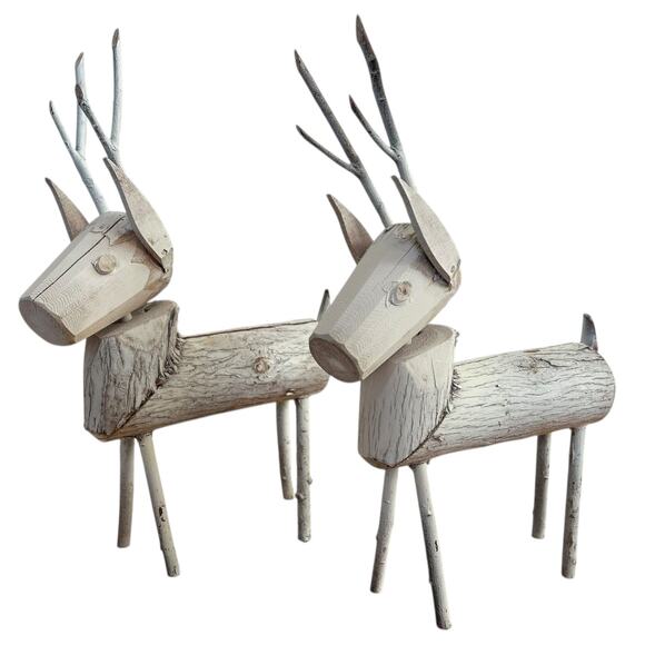 Rustic Primitive Carved Wood Reindeer Set Of 2 - Picture 1 of 6